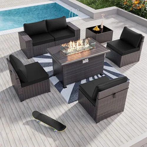 Miniatura 73 de Kullavik Juego de 13 muebles de patio al aire libre con mesa de fogata de gas propano de 43 pulgadas, 55000 BTU, mimbre de polietileno, sofá Arena