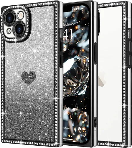 Funda para iPhone 13, funda de diamantes de imitación de lujo con patrón de corazón de amor de cristal [papel con purpurina extraíble], parachoques