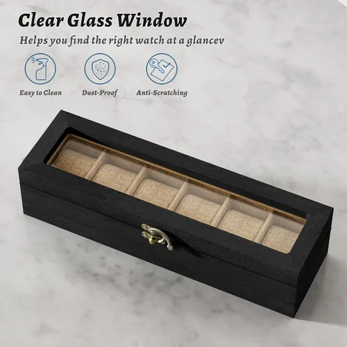 Miniatura 6 de SRIWATANA Caja de reloj organizadora de 6 ranuras para hombres y mujeres, exhibición de madera con tapa de vidrio, regalos para seres queridos
