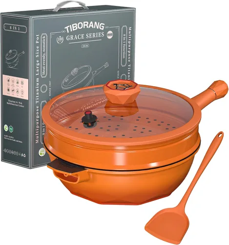 Miniatura 10 de TIBORANG Sartén antiadherente profunda para freír 8 en 1 multiusos de 11 pulgadas, 5 cuartos de galón, con indicador de calor, tapa de vidrio, mango