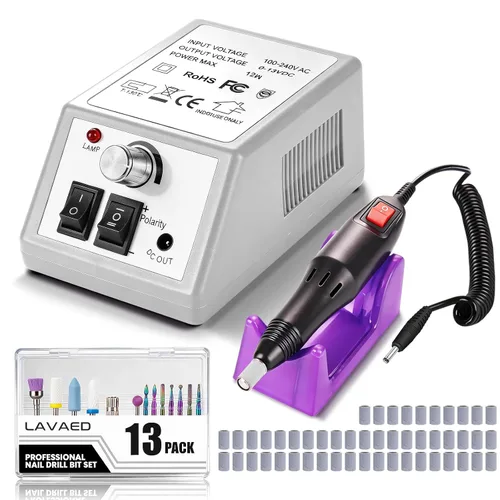 LAVAED Kit de máquina de taladro de uñas eléctrico profesional, vibración de bajo ruido con brocas de uñas y bandas de lijado para taladro de uñas