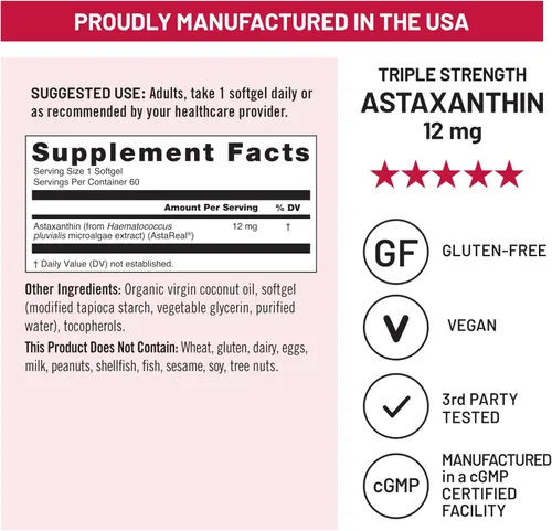 Miniatura 9 de NatureWise Astaxantina de triple fuerza 12 mg con AstaReal® - Suplemento antioxidante vegano con aceite de coco orgánico - Certificado NSF sin