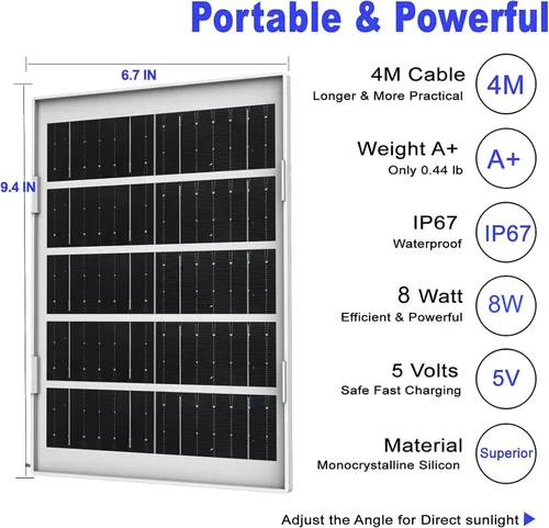 Miniatura 3 de Cargador de panel solar de 8 W para cámaras de seguridad al aire libre, con Micro USB/USB-C y puerto DC (35 x 135), se ajusta a
