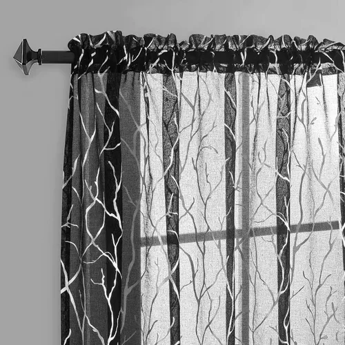 Miniatura 14 de FINECITY - Cortinas de plata traslúcidas de 45 pulgadas de largo - Cortinas impresas de ramas de árbol plateadas metálicas para ventana de cocina