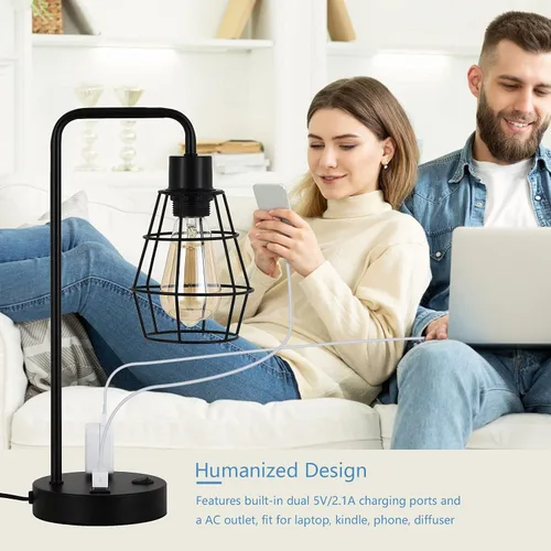 Miniatura 5 de BTY Juego de 2 lámparas de mesa USB Edison con puertos de carga USB duales y 2 clavijas de salida de CA, jaula de alambre de metal, lámpara de mesa