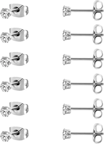 MDFUN Juego de 6 pares de aretes tipo dormilona chapados en oro de 18 quilates, redondos 5A+ con circonita cúbica, hipoalergénicos, circonita cúbica