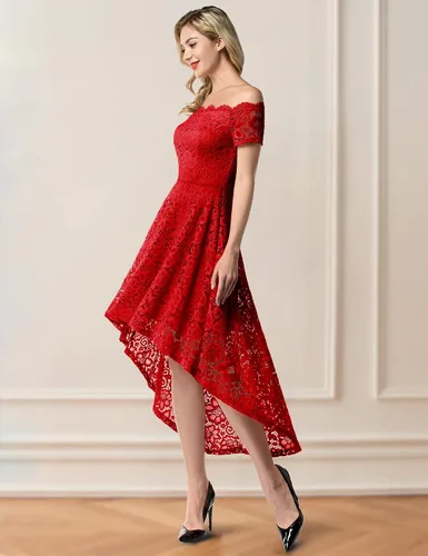 Miniatura 2 de Dressystar Vestido tipo cóctel, de encaje, para mujer, vestido irregular con vuelo y hombros descubiertos, para dama de honor, fiesta formal