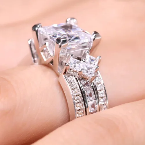 Miniatura 8 de Jeulia - Juego de anillos de novia de 4.1 quilates para mujer, anillos de compromiso de corte princesa, anillos intercambiables de boda de plata