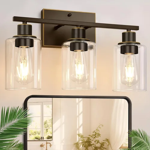 Miniatura 9 de Indoi Lámparas de baño de 4 luces, luces de tocador de níquel cepillado con pantallas de vidrio transparente, moderna lámpara de pared de baño