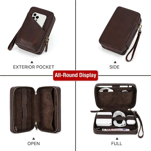 Miniatura 7 de Kit técnico de estuche organizador electrónico, cuero de grano superior hecho a mano, portátil compacto de viaje, accesorios electrónicos de viaje