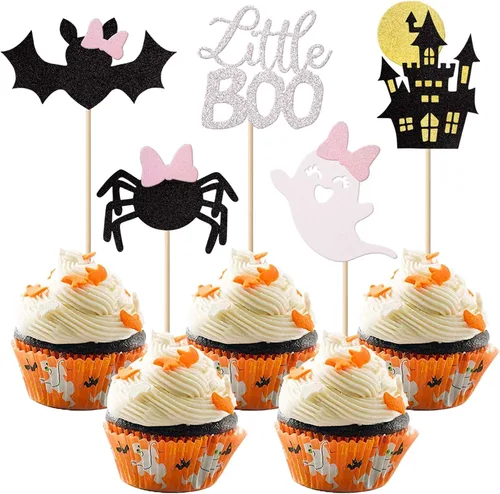 Miniatura 17 de Rsstarxi Paquete de 36 adornos para cupcakes de Halloween, murciélagos con purpurina, palitos de calabaza y calabazas, sombrero de bruja