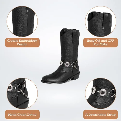 Miniatura 4 de Botas vaqueras para hombre, botas de tacón grueso bloqueado con correa Chonco cosidas, botas occidentales cerradas, punta redonda, botas bordadas a