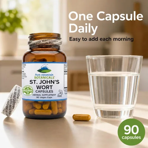 Miniatura 9 de Pure Mountain Botanicals Cápsulas de hierba de San Juan - 450 mg de hierba orgánica y extracto - estandarizado al 3% de hipericina - 90 cápsulas