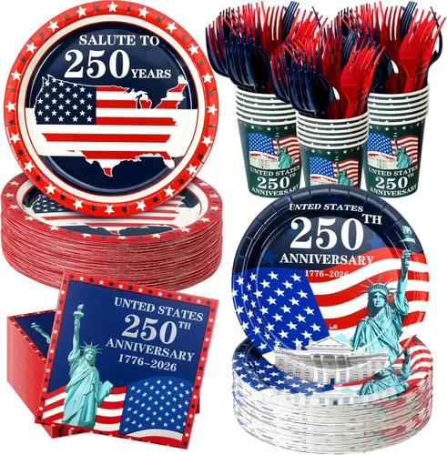120 platos y servilletas del 4 de julio, suministros de fiesta de aniversario del 250 para 24 invitados, platos de papel patrióticos desechables de