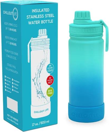 Miniatura 24 de CHILLOUT LIFE Botella de agua aislada para niños de 12 onzas para la escuela con tapa de boquilla a prueba de fugas y bonitas calcomanías Azul