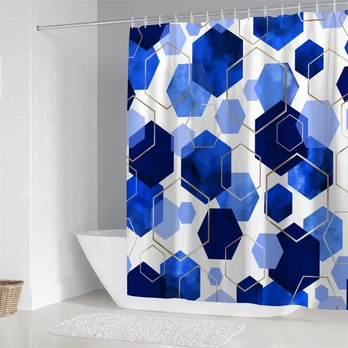 Miniatura 5 de LQCOOL Juego de cortinas de baño azules, 4 piezas de cortina de ducha geométrica de arte moderno con 12 ganchos, impermeable, opaca, 70.8 pies