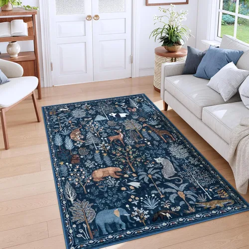OJIA Alfombras azules con estampado de selva de 5 x 7 pies para sala de estar, suaves, ultrafinas, lavables, para dormitorio, alfombra de entrada