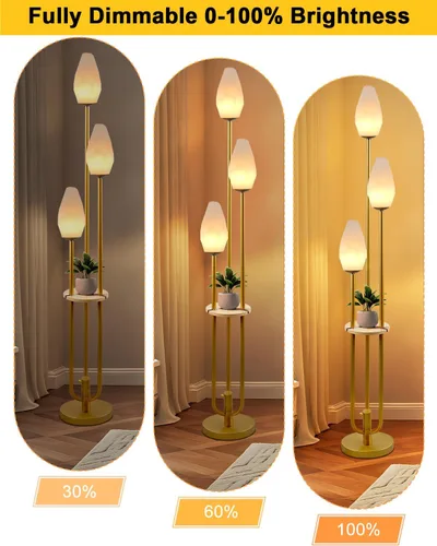 Miniatura 2 de Lámpara de pie dorada con bandeja, lámparas de pie regulables de 3 luces con pantalla en forma de roca, estilo portavelas único, lámpara de pie alta