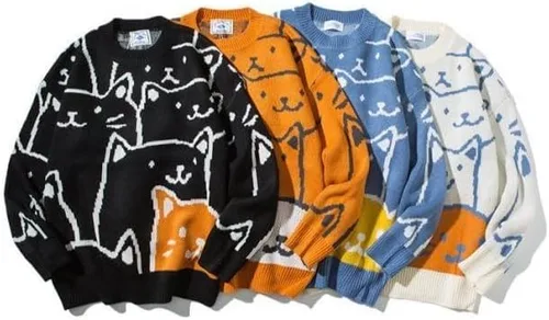 Miniatura 2 de Gato Gráfico Hombres Abuelo Suéter Japonés Gótico Punto Outwear Emo Alt Cuello Redondo Ropa Linda Y2K Tops de Manga Larga