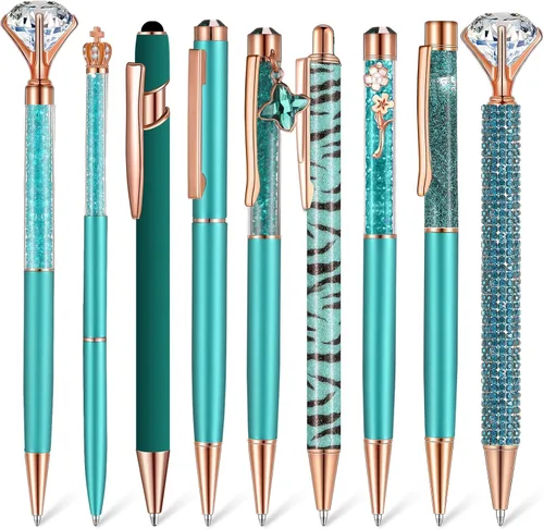 Miniatura 20 de Janmini Juego de 9 bolígrafos de punta de bola de metal con diamantes de cristal y purpurina para diario, tinta negra, cosas bonitas y lindas