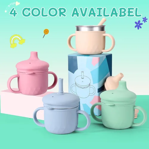 Miniatura 8 de BUSOHA Vasos para sorber de acero inoxidable para niños de más de 6 meses, 3 en 1, taza para sorber de silicona para niños pequeños con cepillo