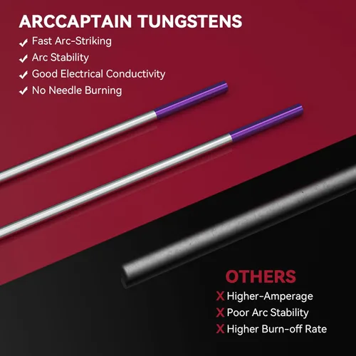 Miniatura 2 de ARCCAPTAIN Electrodo de soldadura TIG de tungsteno, paquete de 10 unidades de 1/16 x 7 pulgadas (morado, no radiactivo, EWG)