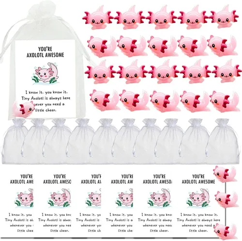 90 piezas de regalo inspirador mini ajolote de resina con regalo de agradecimiento, tarjetas de animación, bolsas de regalo de organza blanca con