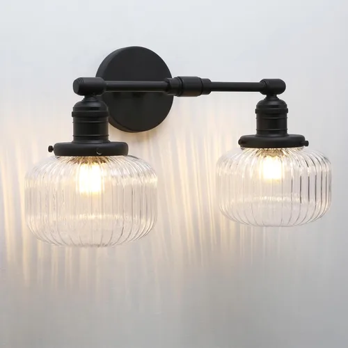 Miniatura 10 de 2 luces de pared industriales de vidrio, lámpara de pared de latón antiguo con pantalla de globo rayado transparente para tocador de baño