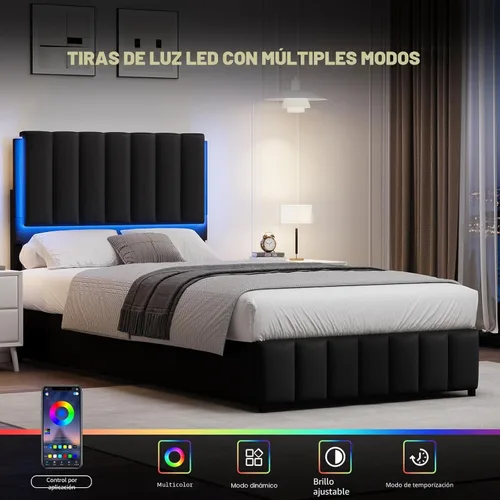 Miniatura 3 de REVOMINCA Base de cama tapizada individual con luces LED, plataforma de piel sintética con cabecera y soporte de listones de madera, no necesita