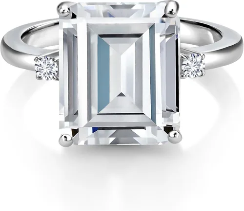 Miniatura 10 de Gem Stone King 5-7 Cttw Gemstone Birthstone and White Lab Grown Diamond 3-Stone Engagement Ring 925 Sterling Silver Center Emerald Cut 12X10MM