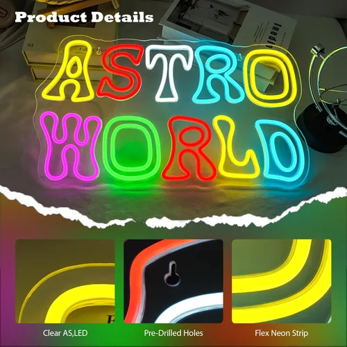 Miniatura 3 de Astro World - Letrero de neón para decoración de pared, colorido letrero LED alimentado por USB, luces de neón para dormitorio, sala de estar, bar
