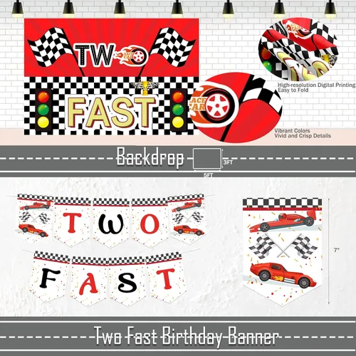 Miniatura 5 de Decoraciones de Cumpleaños Two Fast – 131 Piezas de Suministros para Fiestas de Cumpleaños con Temática de Autos de Carreras con Fondo Two Fast