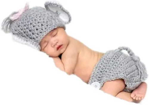 Accesorios de fotografía para bebé recién nacido, trajes de ganchillo con sombrero de elefante, pantalones cortos, para sesión de fotos, color gris