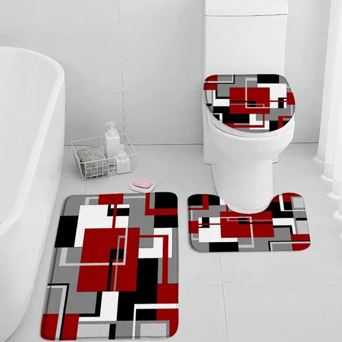 Juego de 3 tapetes de baño geométricos rojos, negro, blanco y gris, líneas minimalistas abstractas geométricas de mediados de siglo, cubierta de