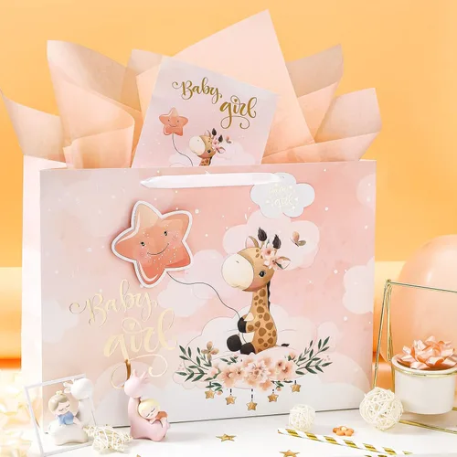 Miniatura 5 de WRAPAHOLIC Bolsa de regalo extra grande de 16" para bebé niña con tarjeta y papel de seda - Para baby shower, bebé recién nacido Jirafa bebé niña