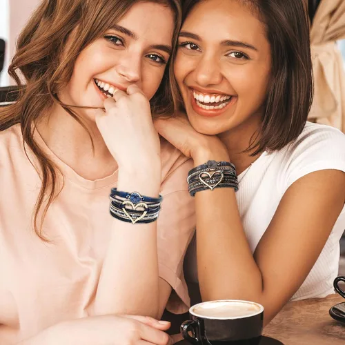 Miniatura 7 de Long tiantian Pulseras para mujer, pulseras bohemias modernas con corazón, joyería con cierre de puño, multicapa, pulseras de cuero para mujer