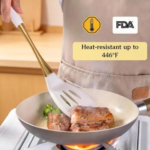 Miniatura 3 de Elegante juego de utensilios de cocina de silicona de oro blanco, no tóxicos, aptos para lavavajillas, con asas cómodas resistentes al calor