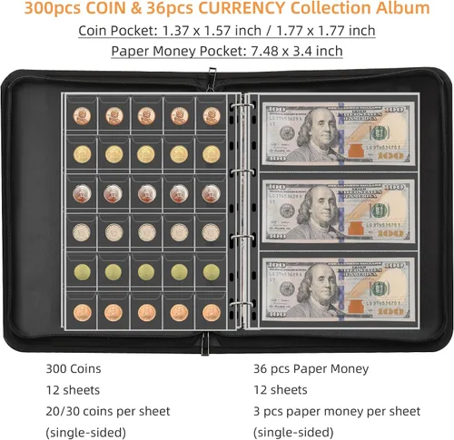 Miniatura 3 de Álbum de colección de monedas a prueba de fuego para coleccionistas, álbum de colección de 300 bolsillos para monedas y estuche de almacenamiento