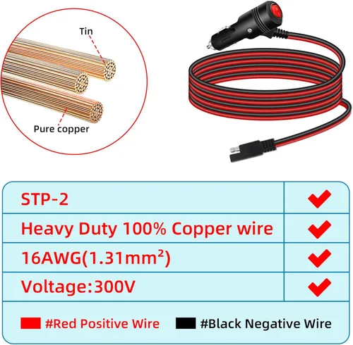 Miniatura 2 de GELRHONR Enchufe SAE a encendedor de cigarrillos de 6.5 pies con interruptor, 12 V 24 V macho a SAE 2 pines adaptador de liberación rápida cable