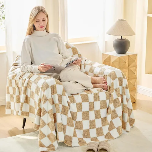 Miniatura 21 de EMME Manta de vellón, manta jacquard 3D para sofá y cama, manta suave, acogedora y esponjosa, ligera, de franela de lujo con diseño de cuadrícula