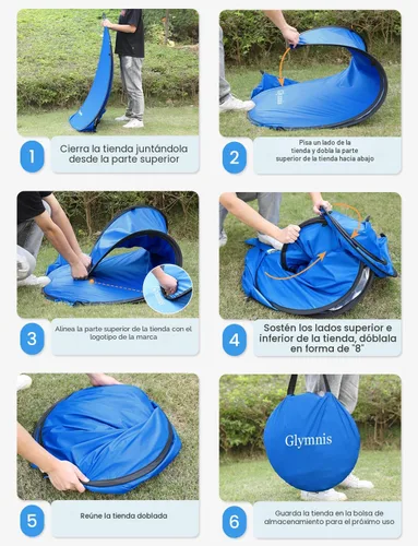 Miniatura 8 de Glymnis Tienda de campaña de playa desplegable para 1-4 personas, refugio solar UPF 50+ con cremallera para puerta, portátil, fácil de poner