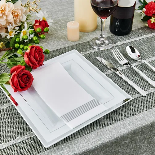 Miniatura 5 de Vplus 90 piezas de 9.5 pulgadas de platos de plástico plateado desechables, elegantes y duraderos de color blanco, platos de plástico para cenas