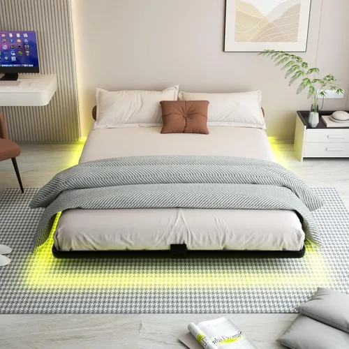 Miniatura 8 de Base de cama flotante con luces LED y estación de carga - Base de cama moderna de plataforma metálica con juntas de colchón - Libre de ruido,