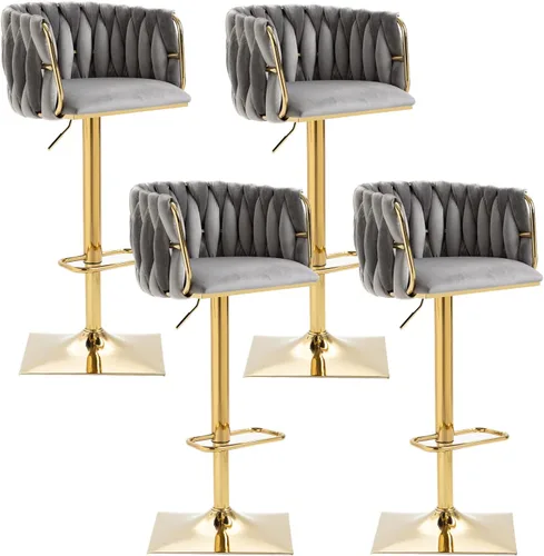 Miniatura 12 de Juego de 2 taburetes de bar giratorios de terciopelo, taburetes de bar ajustables y cómodos, silla de comedor moderna con respaldo tejido, taburetes