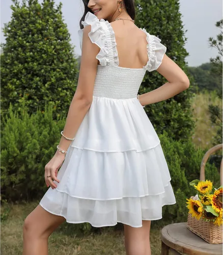 Miniatura 4 de Byinns Vestido corto sin mangas con cuello cuadrado para mujer, cintura alta, espalda descubierta, escalonado, tirantes fruncidos, casual, corto
