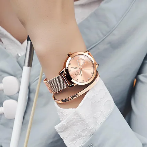 Miniatura 4 de OLEVS Relojes para mujer, correa de malla de oro rosa, vestido de moda, cuarzo japonés, impermeable, luminoso, para mujer, conjunto de pulseras