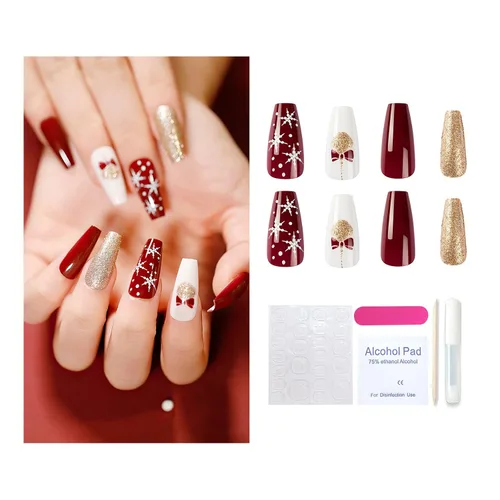 Miniatura 10 de Año Nuevo Navidad Prensa en Uñas Largas Ataúd Acrílico Uñas Falsas Kit Navidad Copo de Nieve Decoración de Uñas Falsas Bailarina Uñas Falsas Puntas