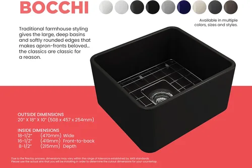 Miniatura 4 de BOCCHI Classico Farmhouse Fregadero de cocina de arcilla refractaria con frente de delantal de 20 pulgadas, un solo tazón, con rejilla protectora