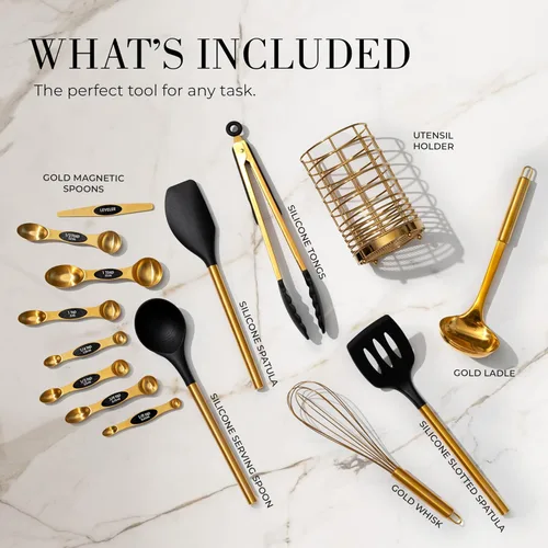 Miniatura 2 de Juego de utensilios de cocina negro y dorado de Styled Settings – Juego de cocina de 15 piezas incluye utensilios de silicona negros, soporte