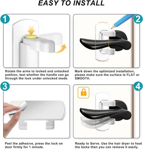 Miniatura 3 de Matenf - Pack de 2 cerraduras de palanca para puerta a prueba de niños, previene que niños pequeños y mascotas abran las puertas, cerradura